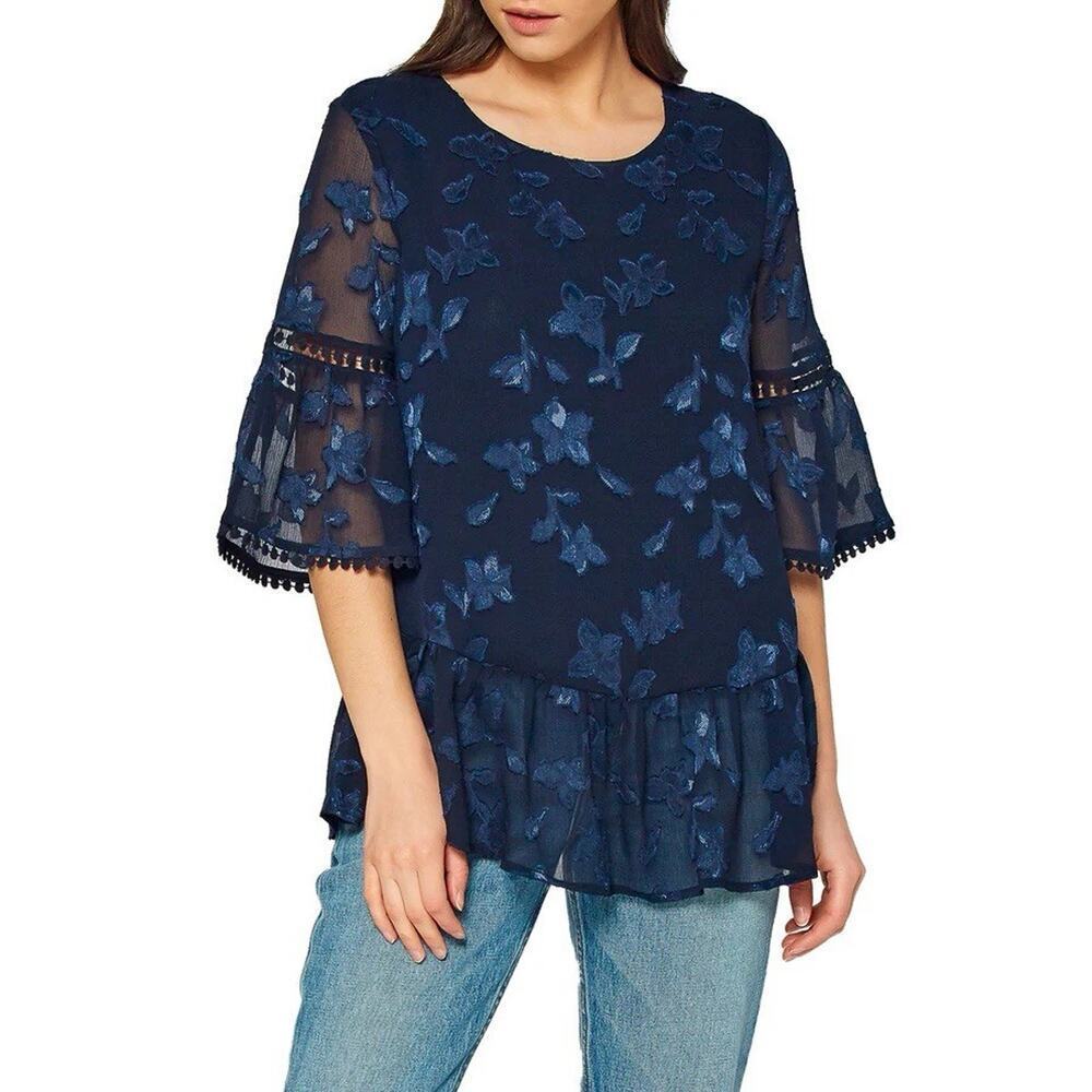 Pleione Top 4X Navy Blue Flower Applique Blouse